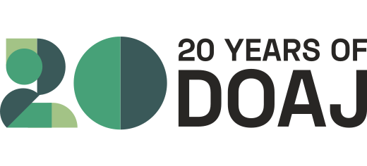 A stylised "20" in green geometric shapes next to the text "20 years of DOAJ".