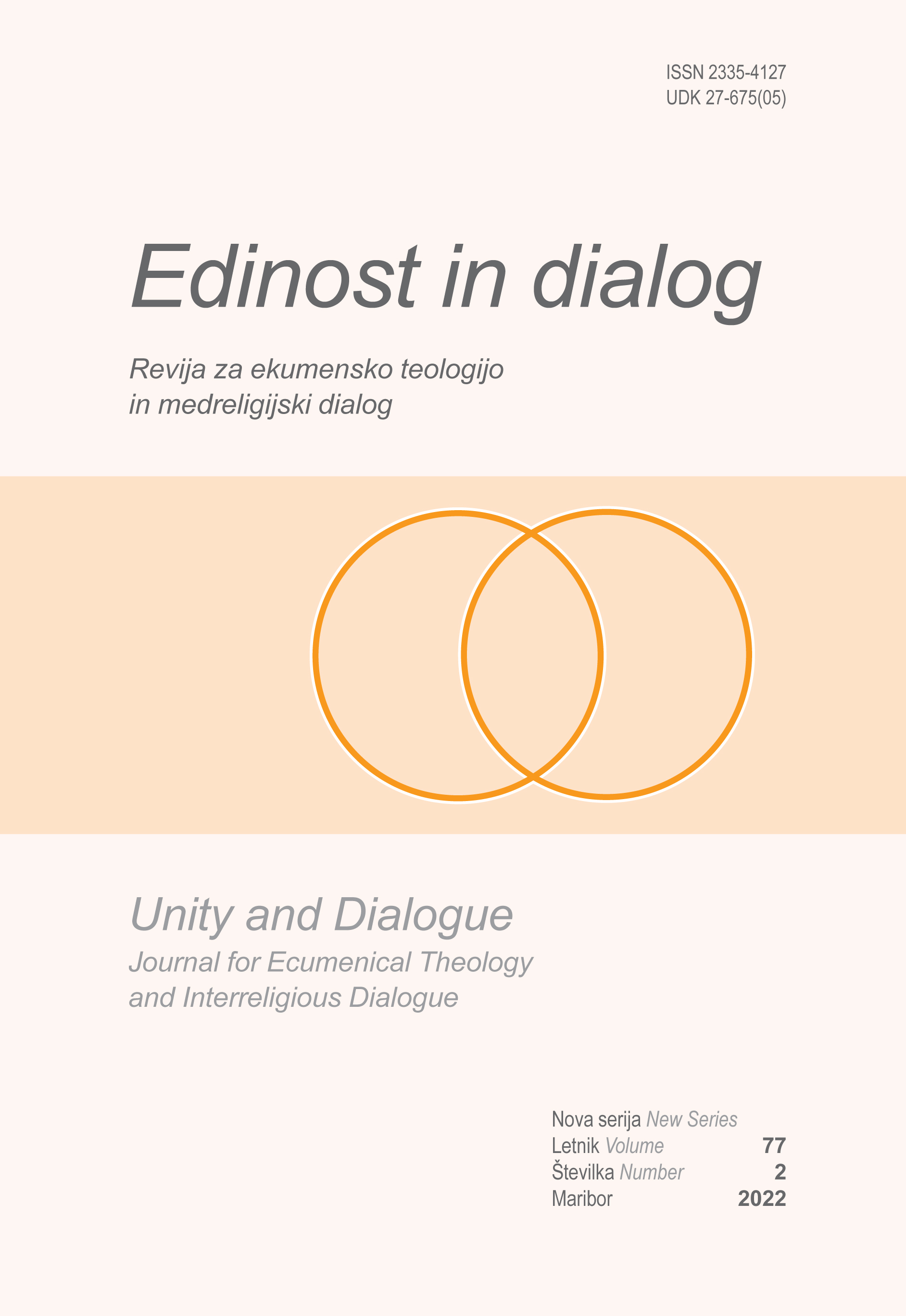 Journal cover of the journal Edinost in Dialog. The journal cover is a very light orange, with a slightly darker shade of orange coming across as a band, with two orange circles in the middle of the band. 